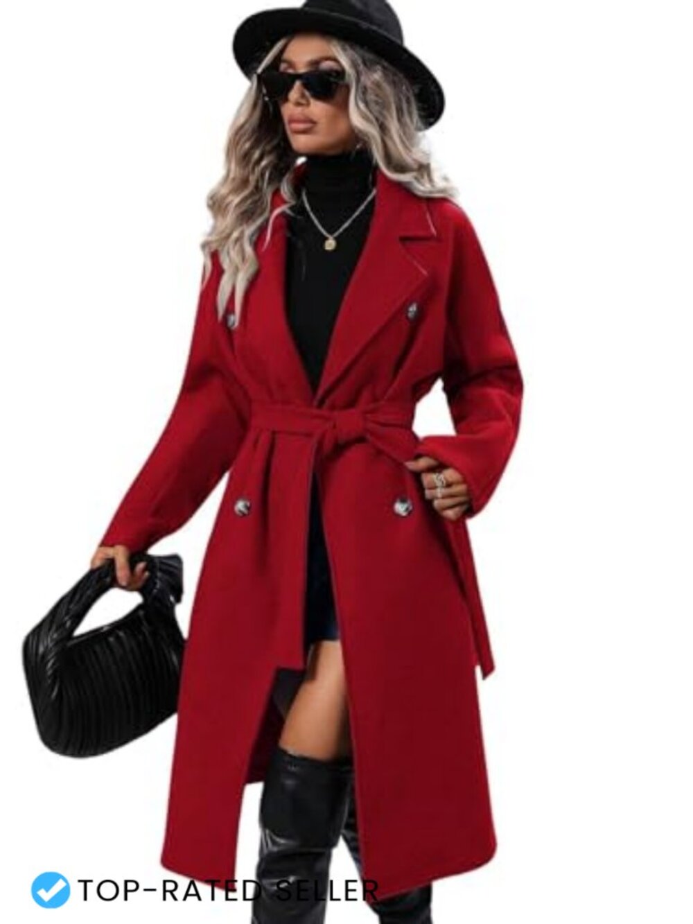 Wool Blend Long Pea Coat Belted Double Breasted Trench Overcoat